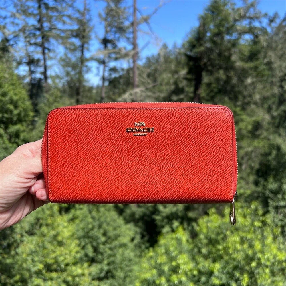 COACH Long Zip-Around Red Crossgrain Leather Wallet with Gold Hardware AUTHENTIC